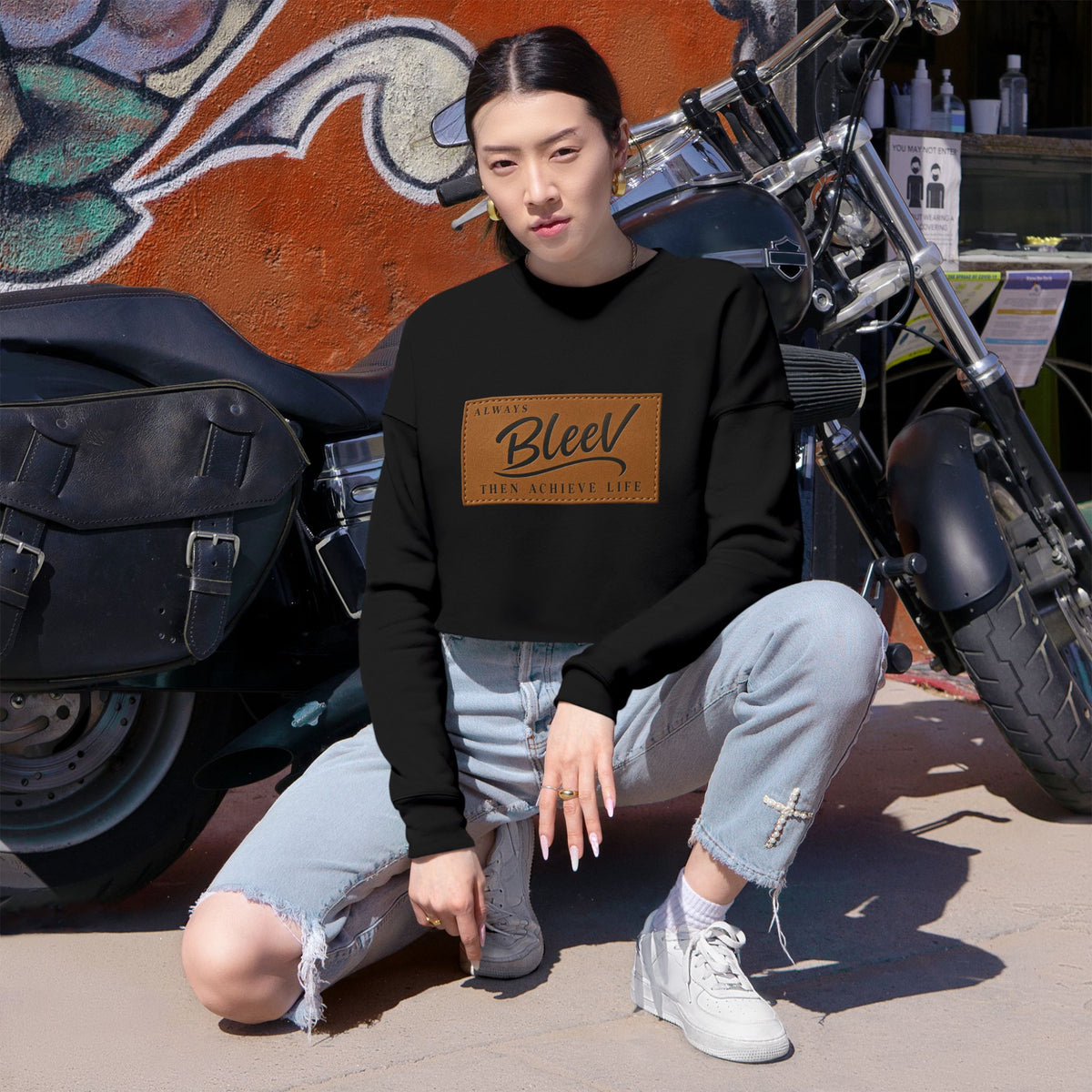 Copy of Bleev Leather Patch Cropped Sweatshirt — Women's Casual Streetwear